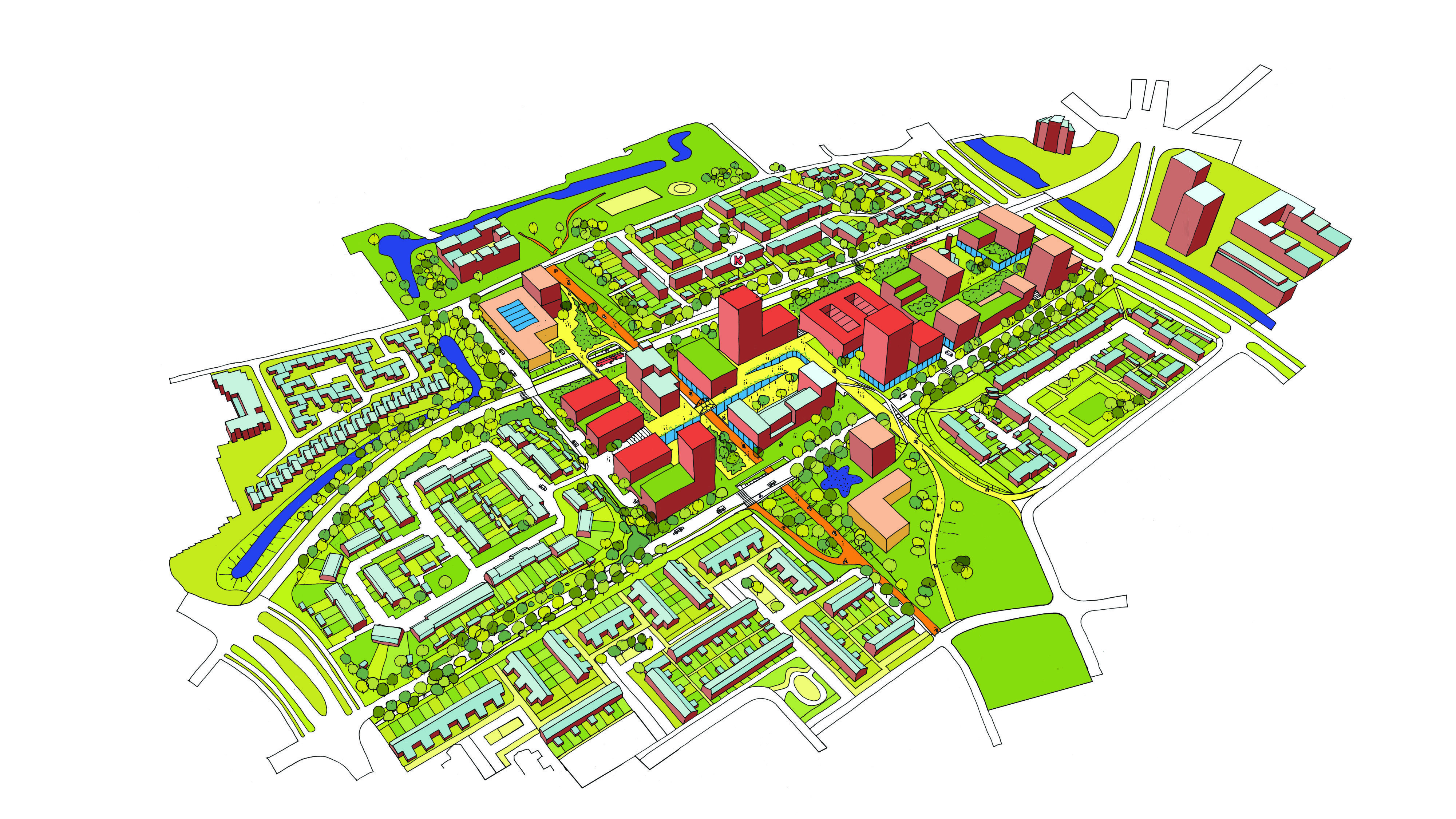 Lange, groene winkelstraat over het Kastelenplein met winkels, voorzieningen en woningen. De woningen hebben daktuinen. Voorzieningen liggen geconcentreerd rond het Kastelenplein en in het groen.