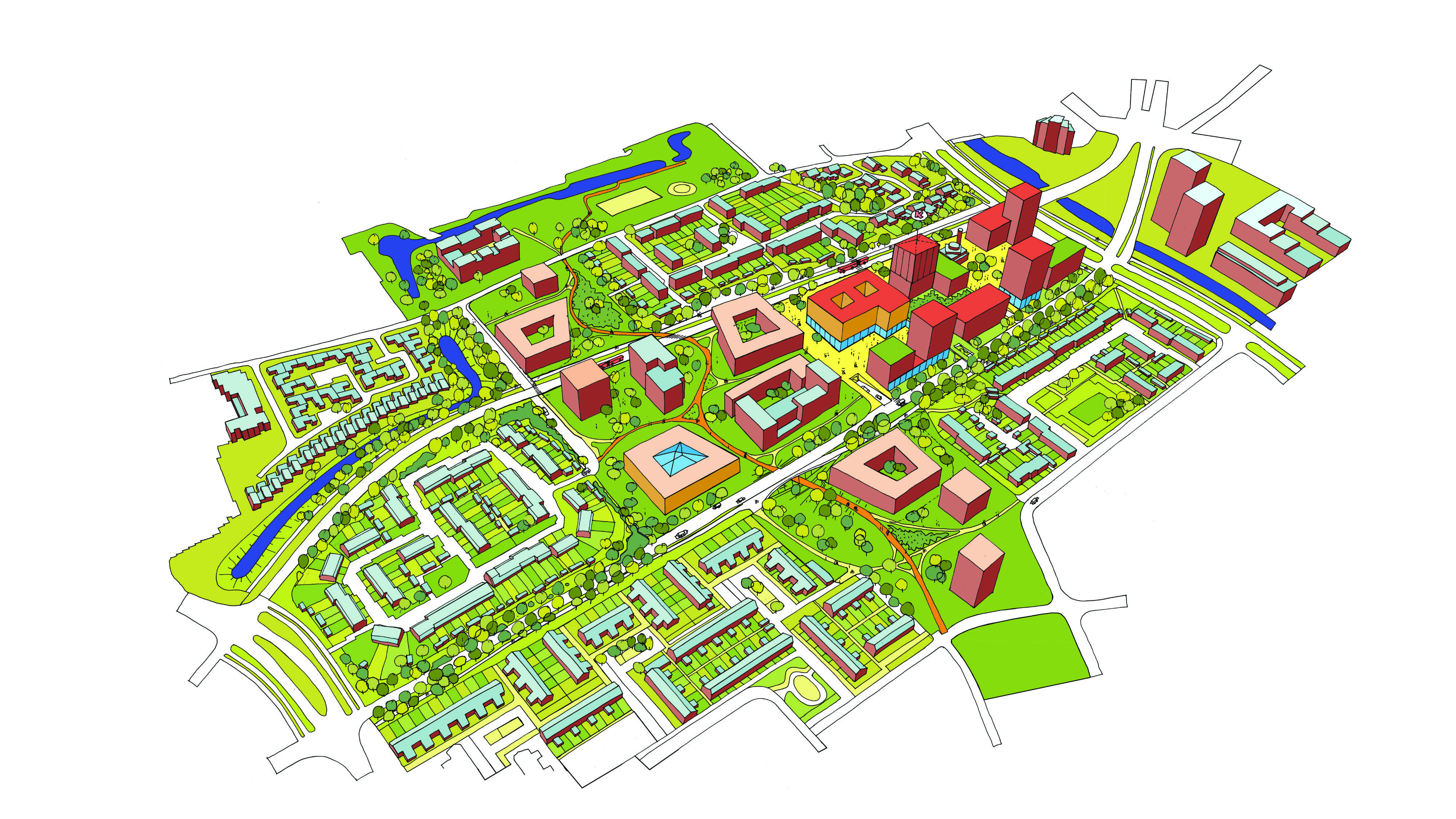 Compact winkelcentrum Kastelenplein met een maatschappelijke voorziening op het plein, een winkelplein aan het park, een levendig plein bij de moskee. Een park met woningen die verspreid door het park staan, een maatschappelijke voorziening, een plek voor spelen en ontmoeten en een wandelpad door het park.