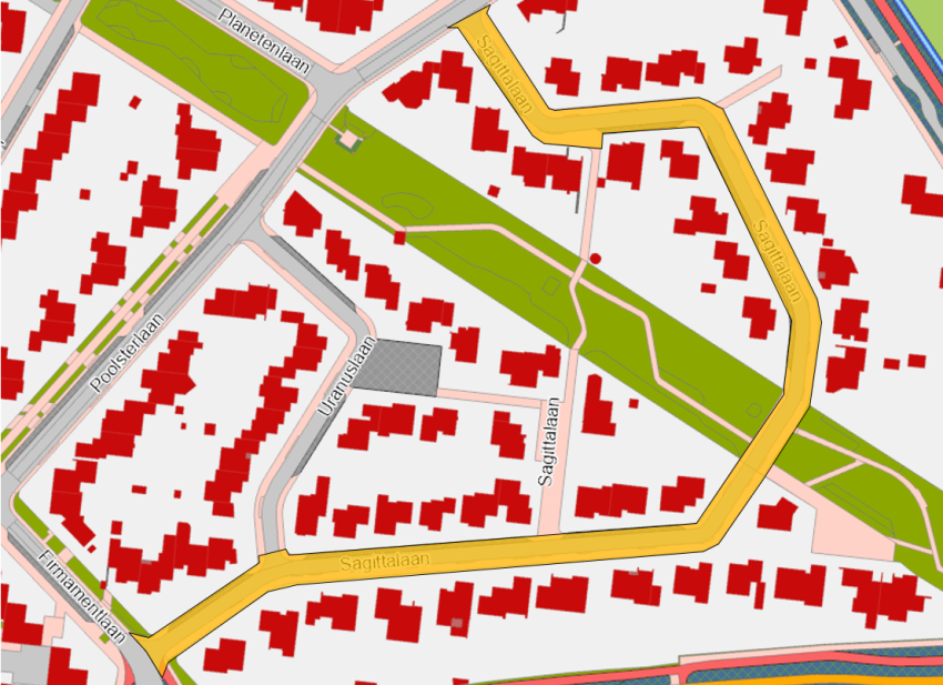 Overzichtskaart van het projectgebied Sagittalaan, tussen Poolsterlaan en Firmamentlaan, klik voor een vergroting