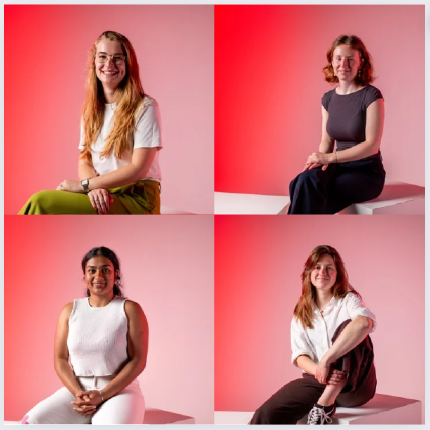 Van links naar rechts, van boven naar beneden:  De vier social designers die kans maken op de Social Design Talent Award 2024 zijn  Vere Vreeswijk, Sophie Smits, Poorvi Garag, Remke Timmermans