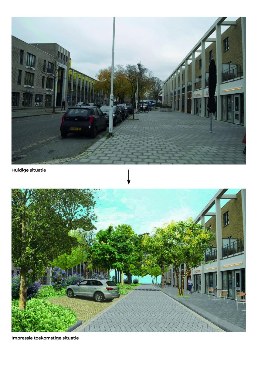 afbeelding van de Edisonstraat en de brede trottoirs. Hierlangs zijn parkeervakken voor auto’s. Impressie toekomstige situatie Een smalle rijweg, één richting met parkeren in de groenstrook tussen beide wegen in. Tussen de parkeervakken is veel groen, en in de weg liggen 2 verkeersdrempels