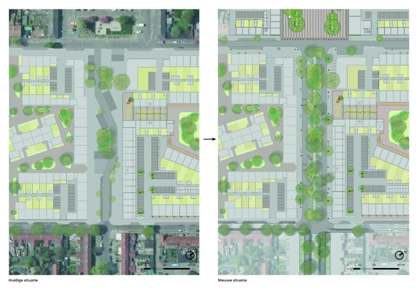 Tekening van de huidige inrichting van de Edisonstraat tussen het Celsiusplein en de Stephensonstraat. Brede trottoirs met langsparkeren. Ontwerp Edisonstraat nieuwe inrichting met twee gescheiden rijbanen. Deze zijn aan beide zijden voorzien van verkeersdrempels. Hiertussen liggen parkeerplaatsen en nieuwe groenaanplant. Aan beide zijden van de wegen liggen stoepen van 4 meter breed)