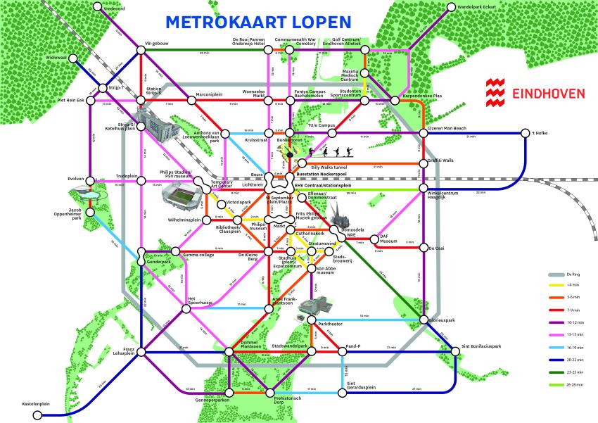 plattegrond met loopafstanden (in minuten) tussen diverse locaties in Eindhoven, klik voor een vergroting