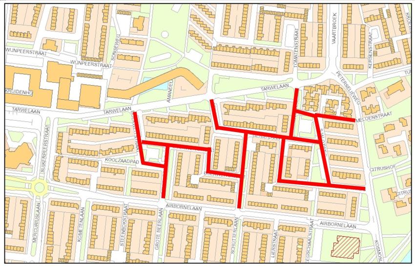 plattegrond met daarop de straten die herstraat worden