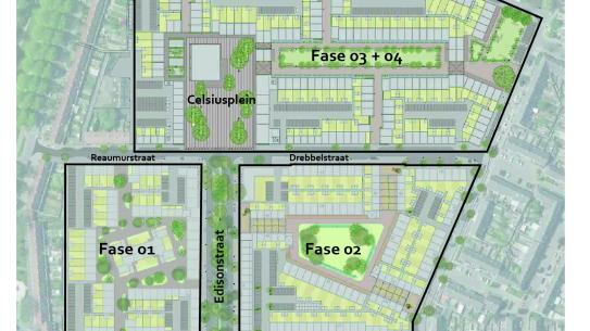 Plattegrond met 4 fases van herontwikkeling Plan Celsius rondom het Celsiusplein en de Edisonstraat, klik voor een vergroting