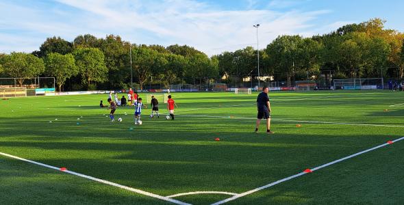 een deel van een voetbalveld met een aantal spelers