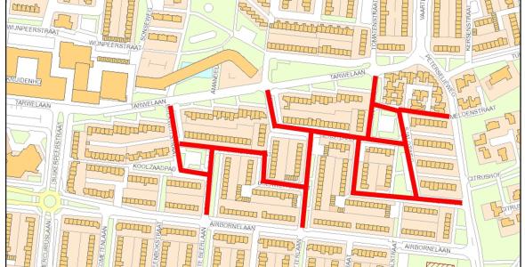 plattegrond met daarop de straten die herstraat worden