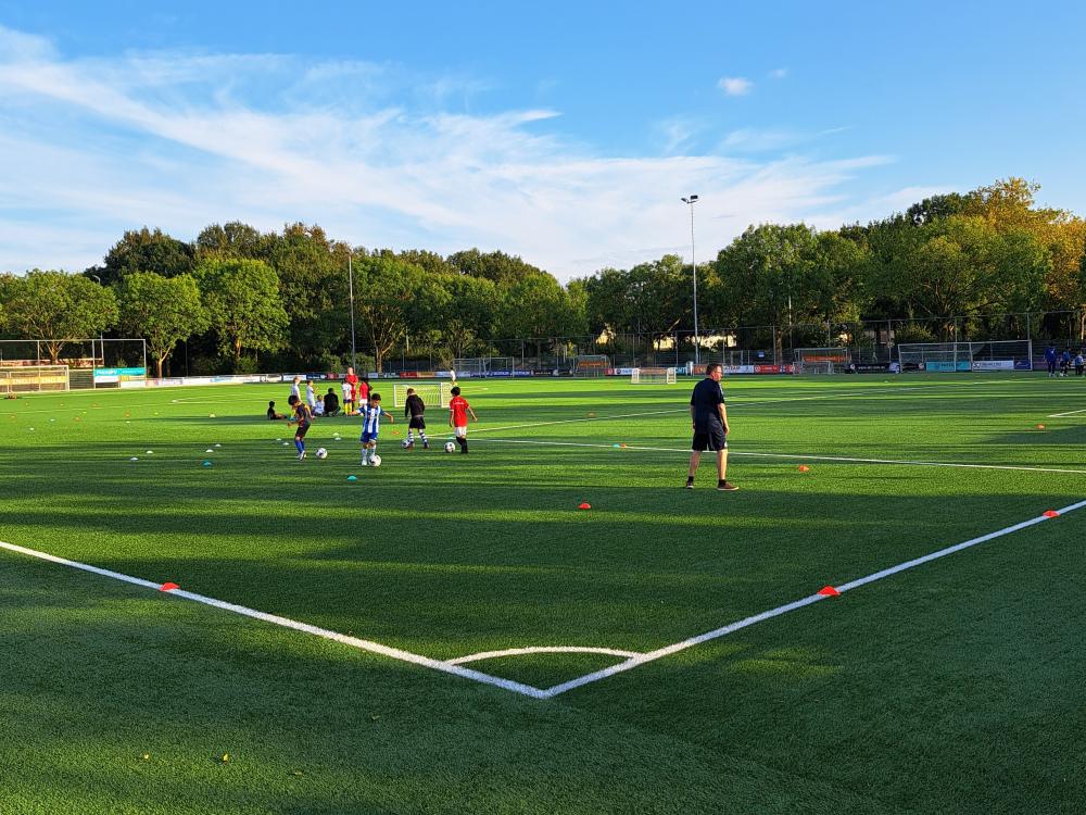 een deel van een voetbalveld met een aantal spelers